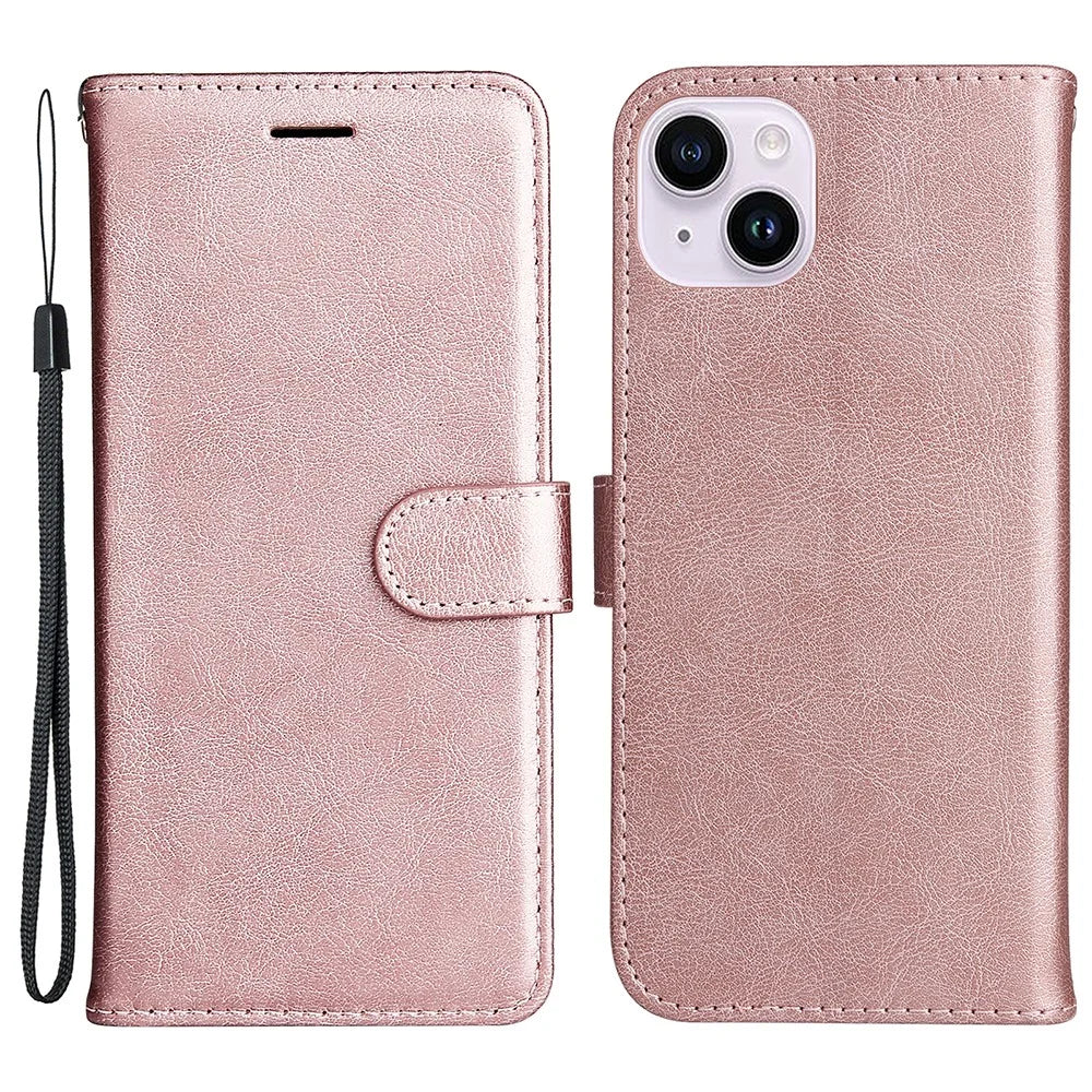 For iPhone 15 Plus Case Solid Color Leather Mobile Cover Wallet Stand with Strap - Rose Gold - 1