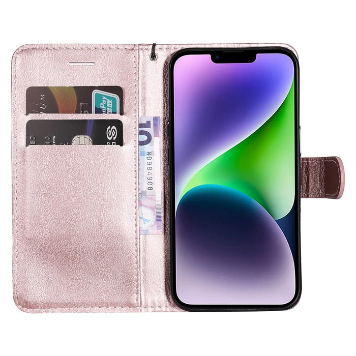 For iPhone 15 Plus Case Solid Color Leather Mobile Cover Wallet Stand with Strap - Rose Gold - 2