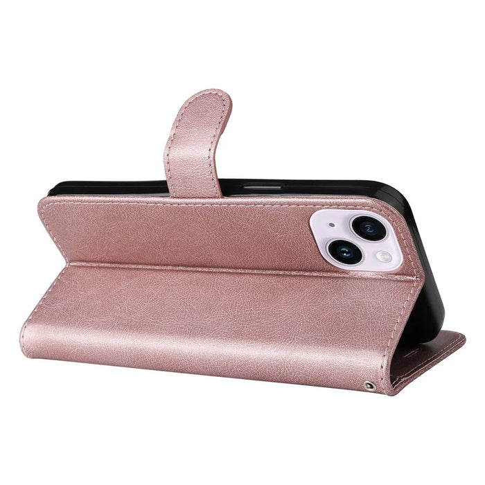For iPhone 15 Plus Case Solid Color Leather Mobile Cover Wallet Stand with Strap - Rose Gold - 3