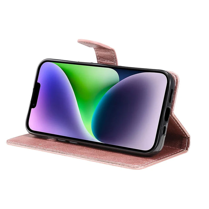 For iPhone 15 Plus Case Solid Color Leather Mobile Cover Wallet Stand with Strap - Rose Gold - 4