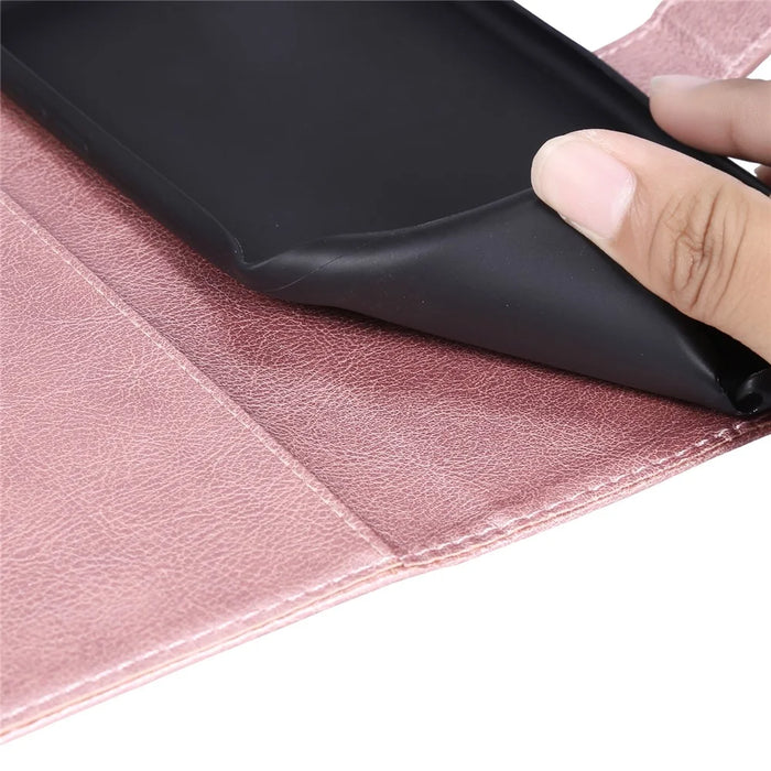 For iPhone 15 Plus Case Solid Color Leather Mobile Cover Wallet Stand with Strap - Rose Gold - 6