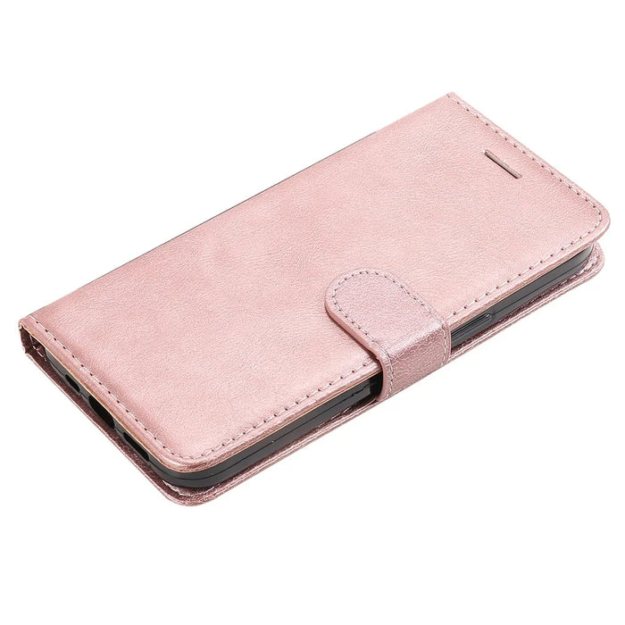 For iPhone 15 Plus Case Solid Color Leather Mobile Cover Wallet Stand with Strap - Rose Gold - 7