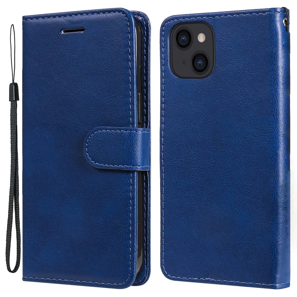 For iPhone 15 Case Solid Color Leather Mobile Cover Wallet Stand with Strap - Blue - 1