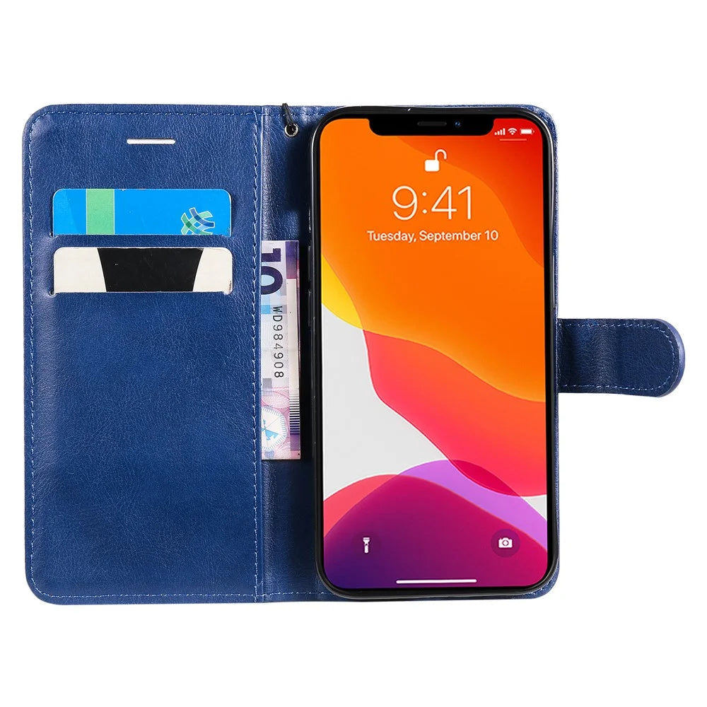 For iPhone 15 Case Solid Color Leather Mobile Cover Wallet Stand with Strap - Blue - 2
