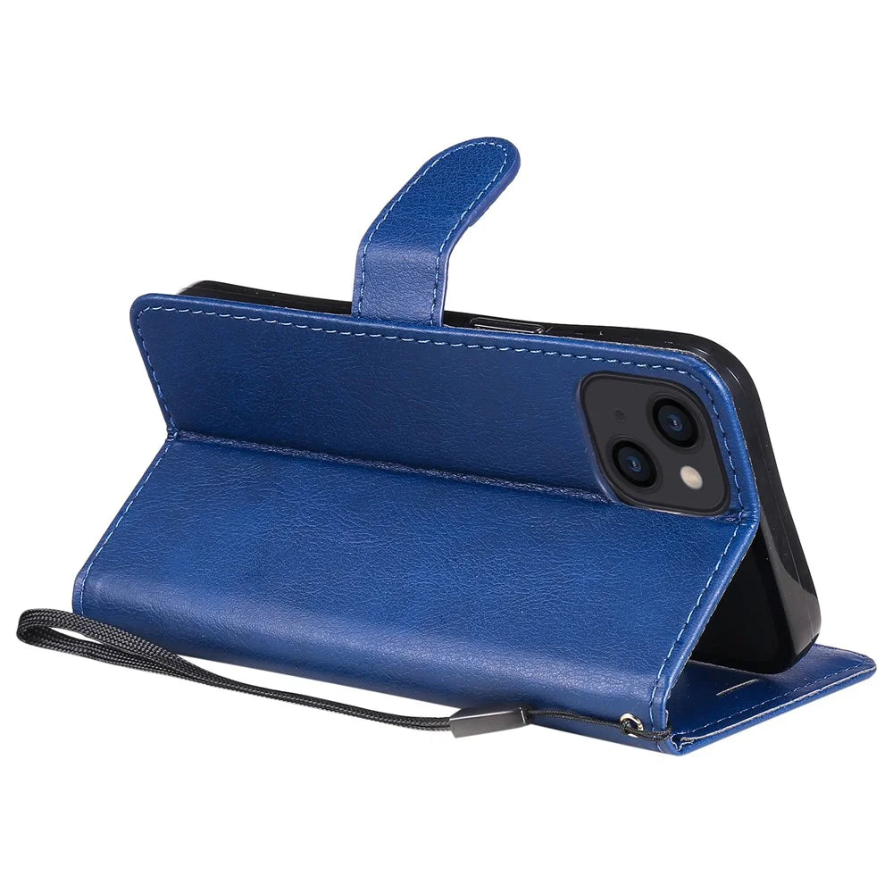 For iPhone 15 Case Solid Color Leather Mobile Cover Wallet Stand with Strap - Blue - 3
