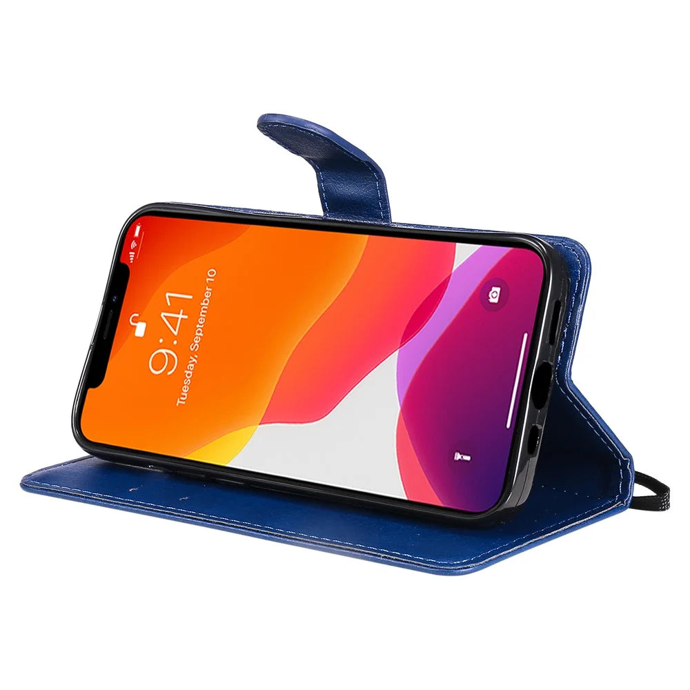 For iPhone 15 Case Solid Color Leather Mobile Cover Wallet Stand with Strap - Blue - 4