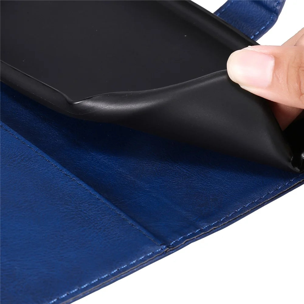 For iPhone 15 Case Solid Color Leather Mobile Cover Wallet Stand with Strap - Blue - 6