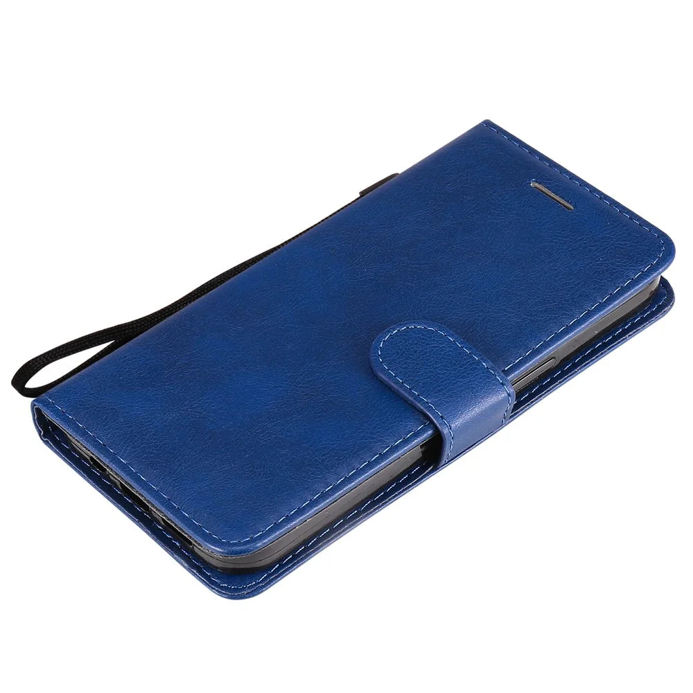 For iPhone 15 Case Solid Color Leather Mobile Cover Wallet Stand with Strap - Blue - 7