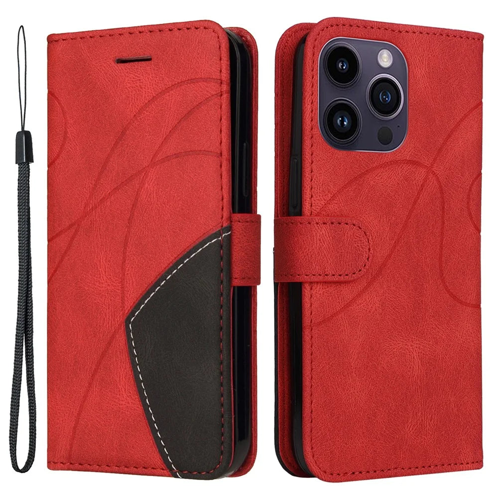 For iPhone 15 Pro Max Leather Case Wallet Stand Color Splicing Phone Cover - Red - 1