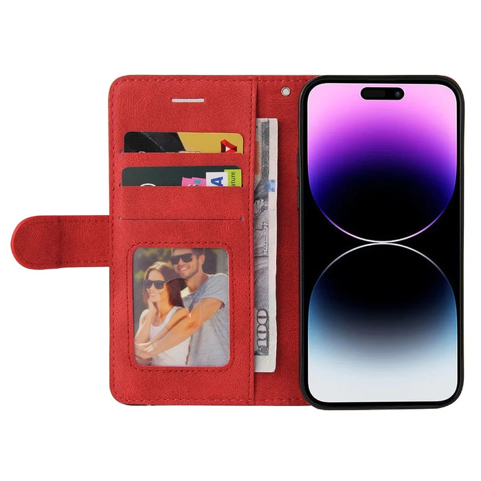 For iPhone 15 Pro Max Leather Case Wallet Stand Color Splicing Phone Cover - Red - 2