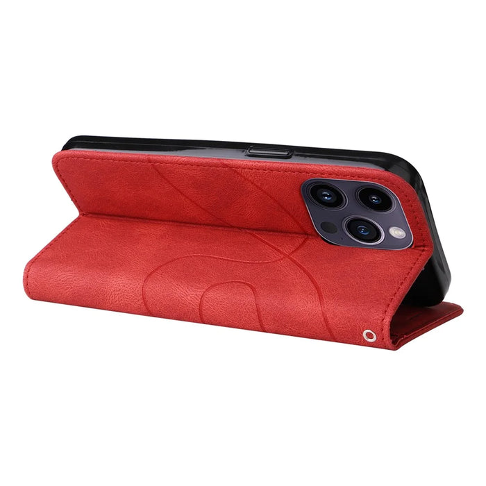 For iPhone 15 Pro Max Leather Case Wallet Stand Color Splicing Phone Cover - Red - 5