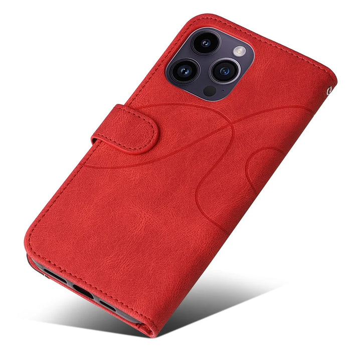 For iPhone 15 Pro Max Leather Case Wallet Stand Color Splicing Phone Cover - Red - 6