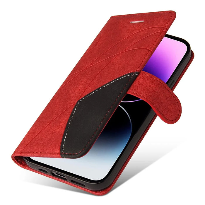 For iPhone 15 Pro Max Leather Case Wallet Stand Color Splicing Phone Cover - Red - 7