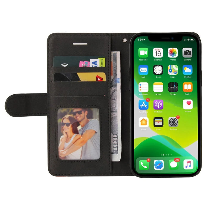 For iPhone 15 Leather Case Wallet Stand Color Splicing Phone Cover - Black - 2