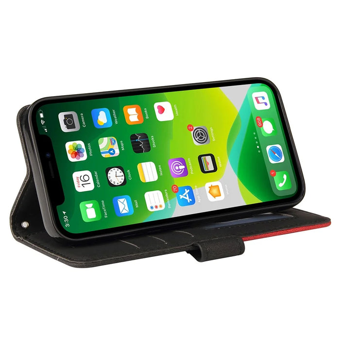 For iPhone 15 Leather Case Wallet Stand Color Splicing Phone Cover - Black - 3