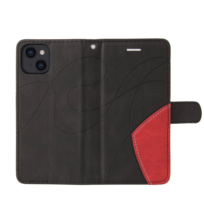 For iPhone 15 Leather Case Wallet Stand Color Splicing Phone Cover - Black - 4