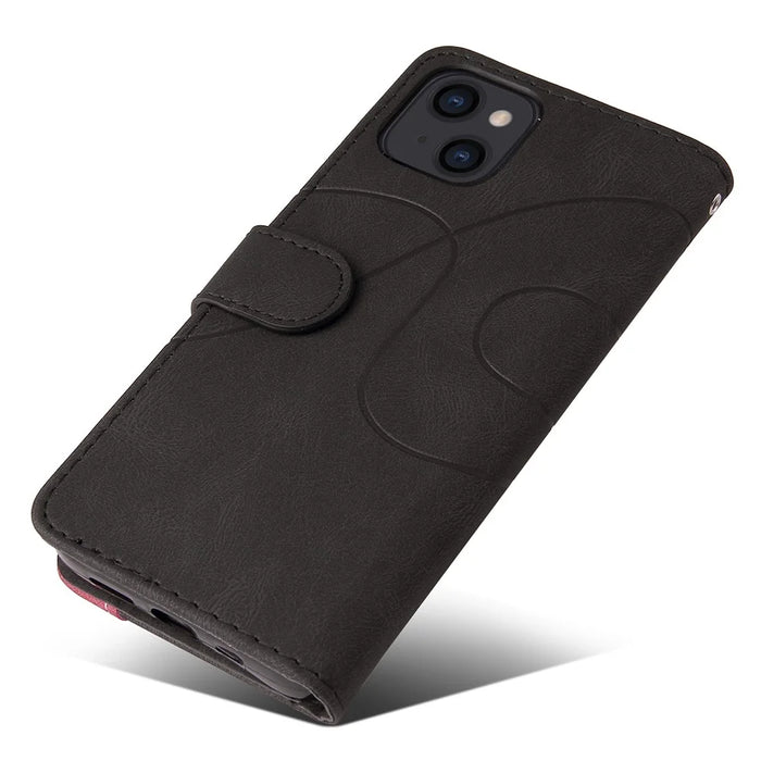 For iPhone 15 Leather Case Wallet Stand Color Splicing Phone Cover - Black - 6
