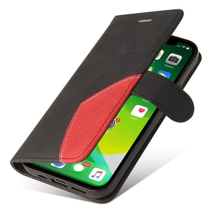 For iPhone 15 Leather Case Wallet Stand Color Splicing Phone Cover - Black - 7