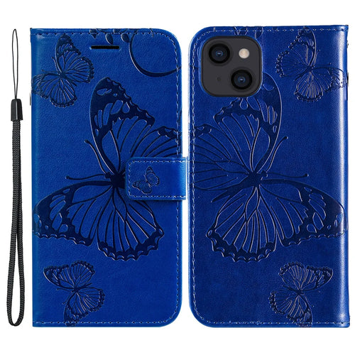 For iPhone 15 Wallet Case Floral Butterfly Imprinted Leather Phone Cover Stand - Blue - 1