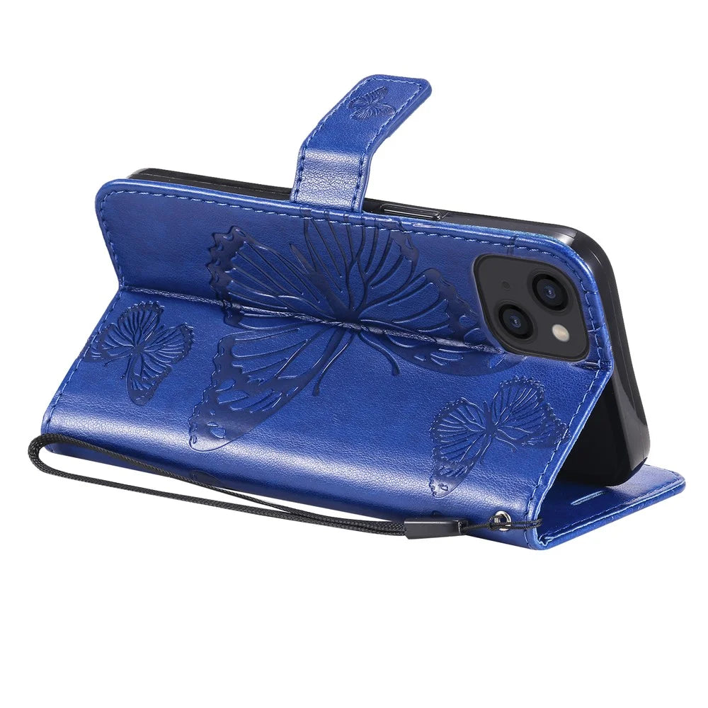 For iPhone 15 Wallet Case Floral Butterfly Imprinted Leather Phone Cover Stand - Blue - 3