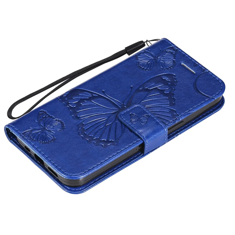 For iPhone 15 Wallet Case Floral Butterfly Imprinted Leather Phone Cover Stand - Blue - 5
