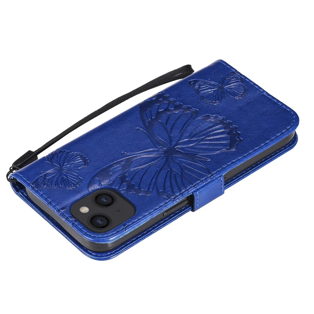 For iPhone 15 Wallet Case Floral Butterfly Imprinted Leather Phone Cover Stand - Blue - 6