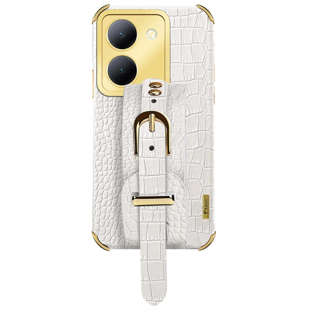 Wristband Kickstand Phone Case for vivo Y78 5G , PU Leather Coated TPU Electroplating Phone Cover - White - 1