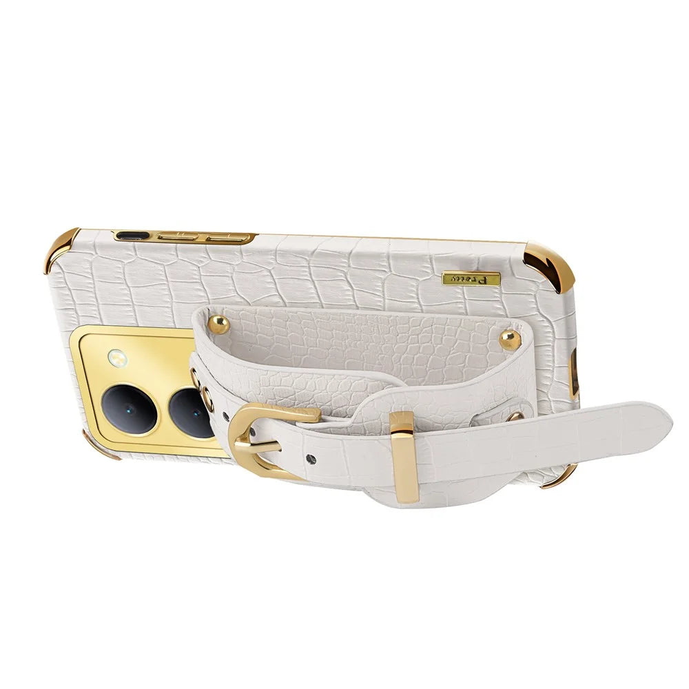 Wristband Kickstand Phone Case for vivo Y78 5G , PU Leather Coated TPU Electroplating Phone Cover - White - 3