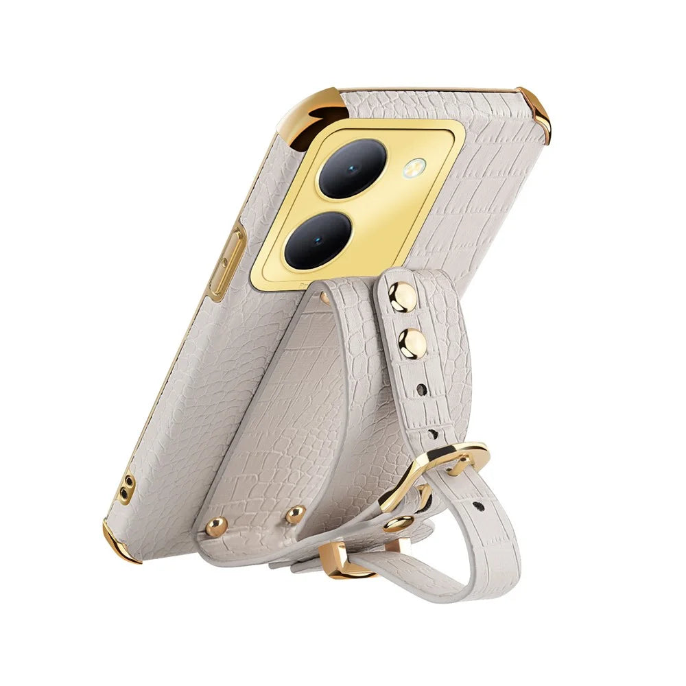 Wristband Kickstand Phone Case for vivo Y78 5G , PU Leather Coated TPU Electroplating Phone Cover - White - 4
