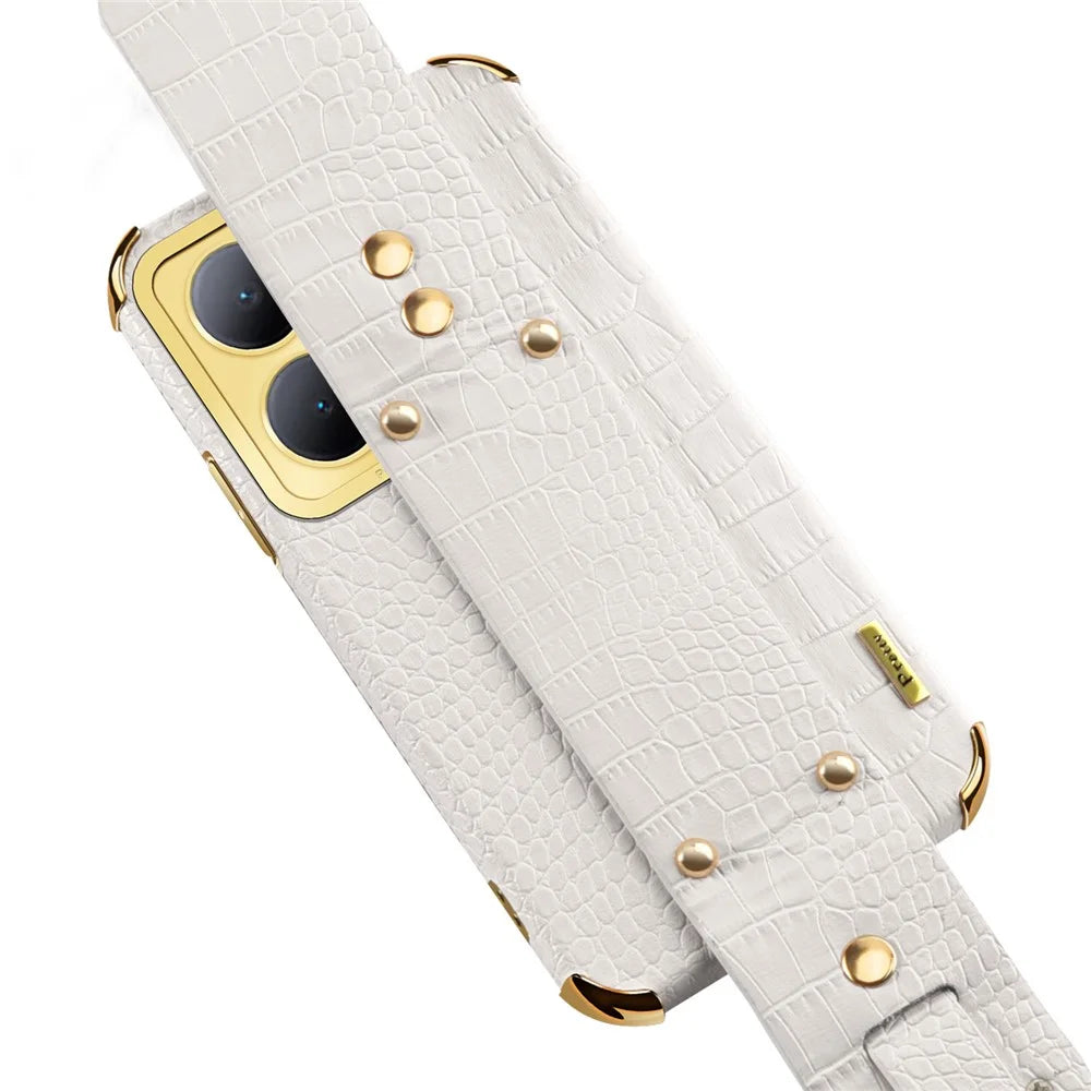Wristband Kickstand Phone Case for vivo Y78 5G , PU Leather Coated TPU Electroplating Phone Cover - White - 7