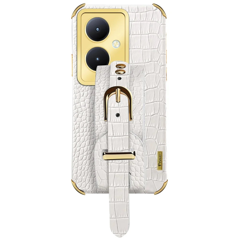 For vivo Y78+ 5G Wristband Kickstand PU Leather Coated TPU Case Electroplating Phone Cover - White - 1