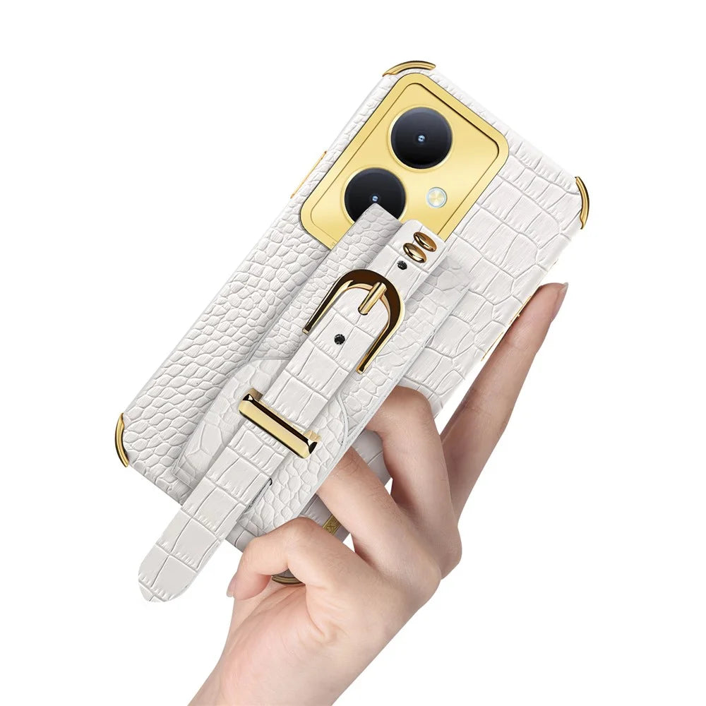 For vivo Y78+ 5G Wristband Kickstand PU Leather Coated TPU Case Electroplating Phone Cover - White - 6