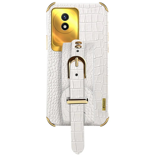 Wristband Kickstand Electroplating Case for vivo Y02 4G , PU Leather Coated TPU Phone Cover - White - 1