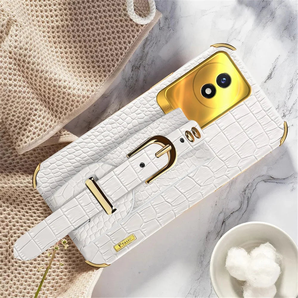 Wristband Kickstand Electroplating Case for vivo Y02 4G , PU Leather Coated TPU Phone Cover - White - 2