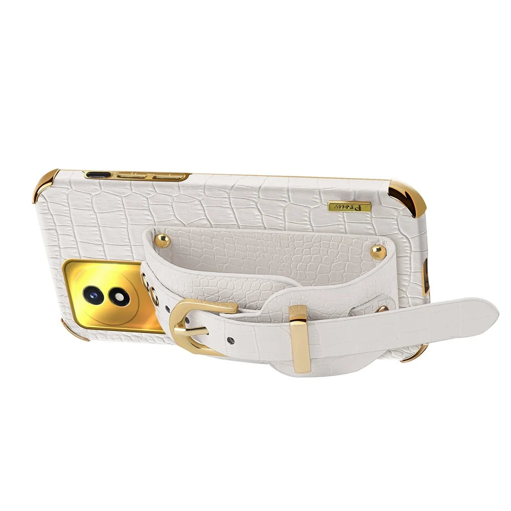 Wristband Kickstand Electroplating Case for vivo Y02 4G , PU Leather Coated TPU Phone Cover - White - 3