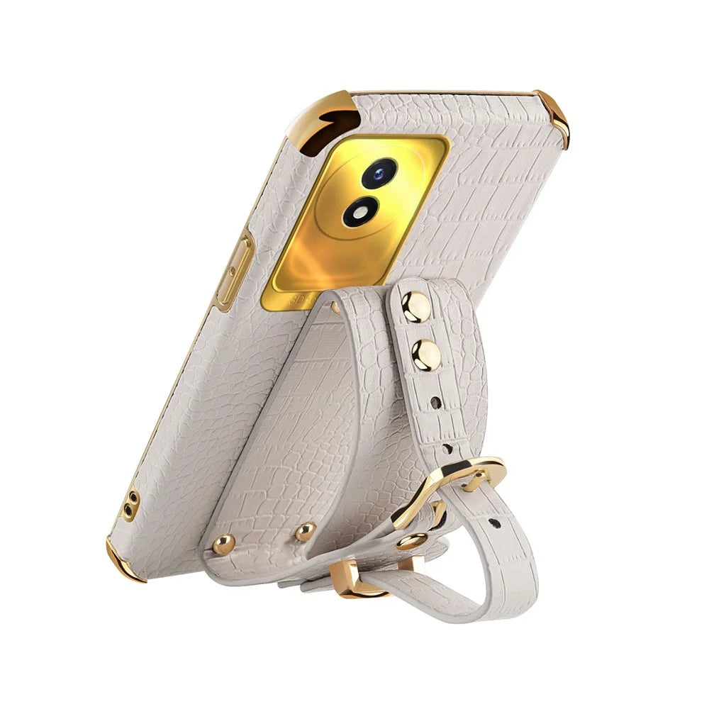 Wristband Kickstand Electroplating Case for vivo Y02 4G , PU Leather Coated TPU Phone Cover - White - 4