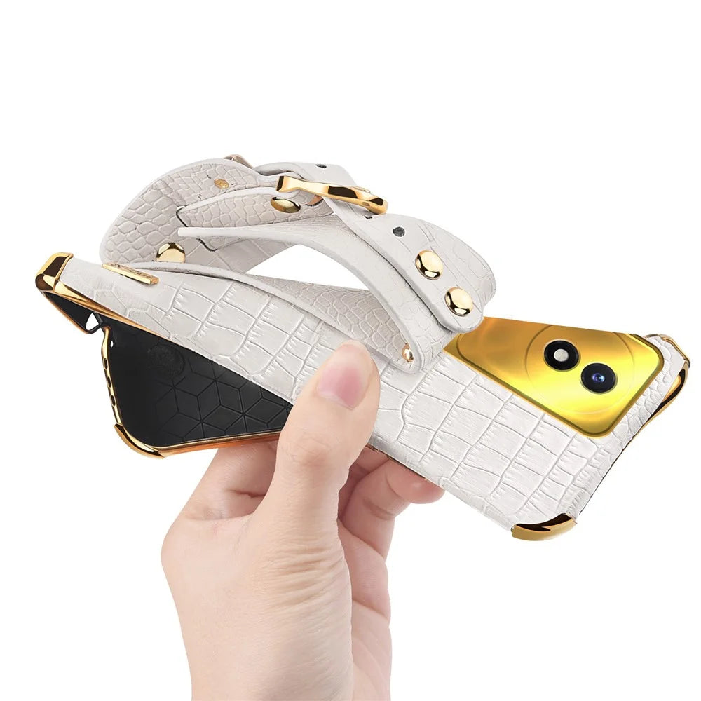 Wristband Kickstand Electroplating Case for vivo Y02 4G , PU Leather Coated TPU Phone Cover - White - 5