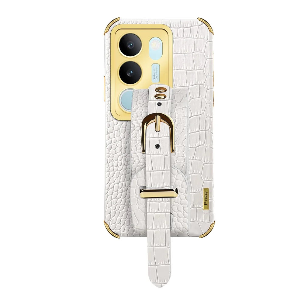 For vivo S17 5G PU Leather Coated TPU Case Wristband Kickstand Electroplating Phone Cover - White - 1