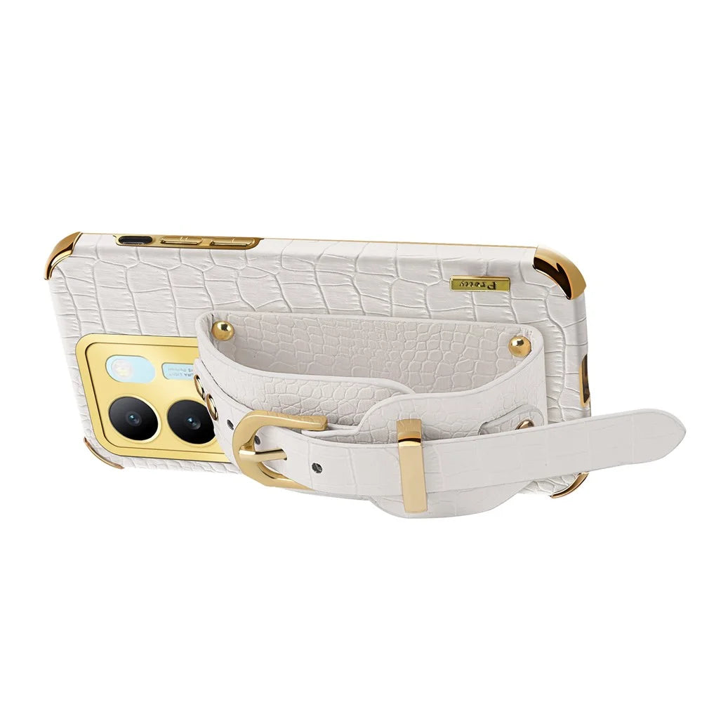 For vivo S17 5G PU Leather Coated TPU Case Wristband Kickstand Electroplating Phone Cover - White - 3