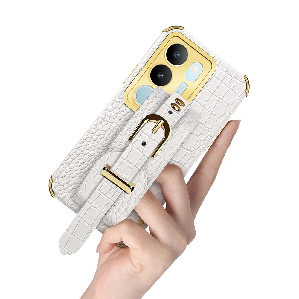 For vivo S17 5G PU Leather Coated TPU Case Wristband Kickstand Electroplating Phone Cover - White - 6
