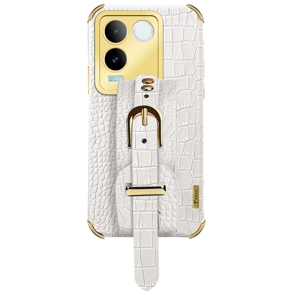 For vivo S17e 5G Wristband Kickstand Electroplating Phone Case PU Leather Coated TPU Phone Cover - White - 1