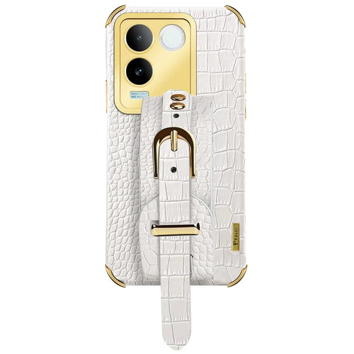 For vivo S17e 5G Wristband Kickstand Electroplating Phone Case PU Leather Coated TPU Phone Cover - White - 1