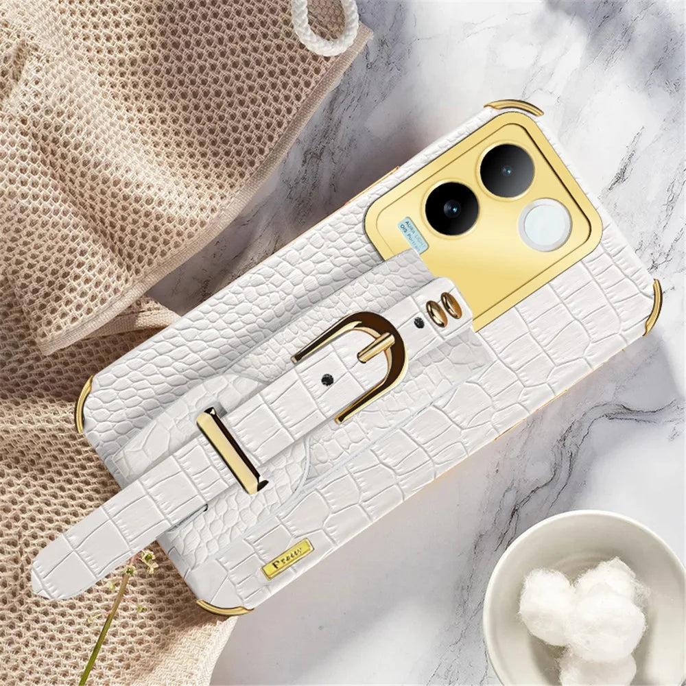 For vivo S17e 5G Wristband Kickstand Electroplating Phone Case PU Leather Coated TPU Phone Cover - White - 2