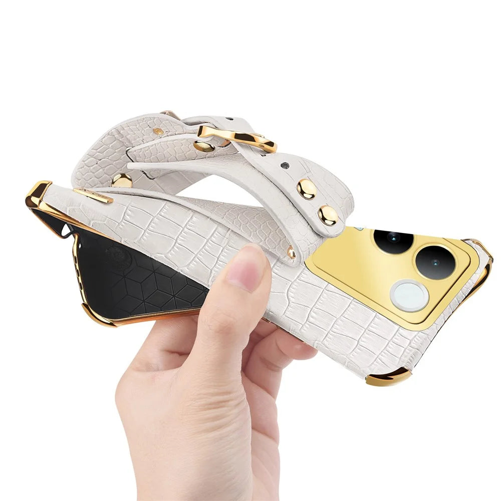 For vivo S17e 5G Wristband Kickstand Electroplating Phone Case PU Leather Coated TPU Phone Cover - White - 5