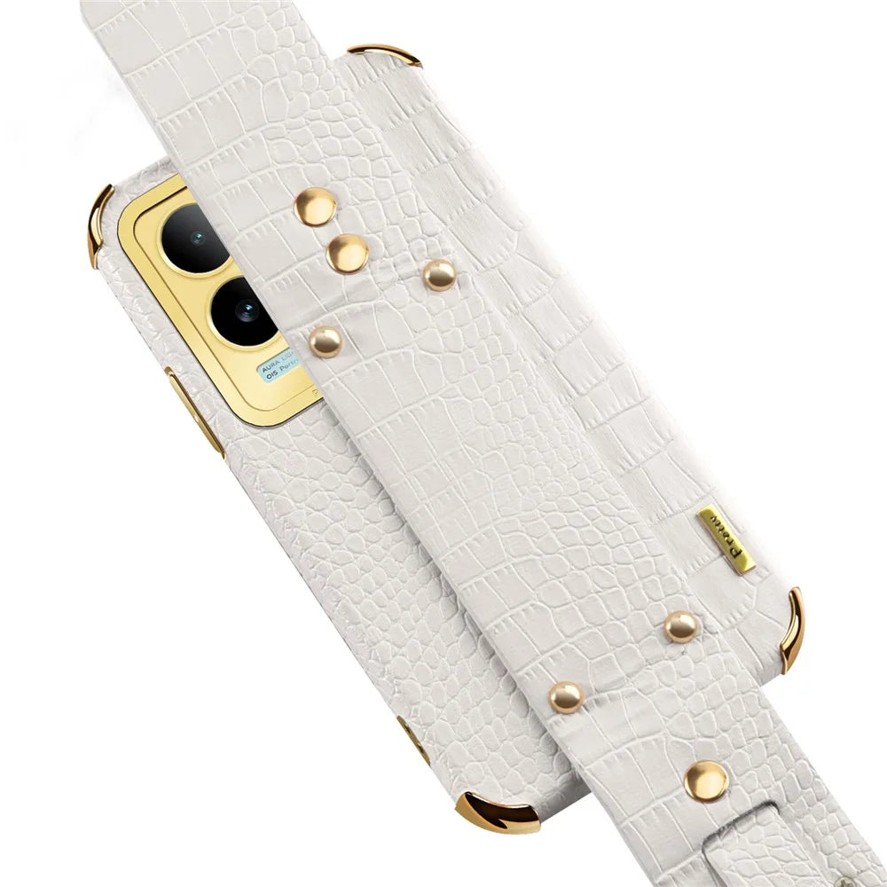 For vivo S17e 5G Wristband Kickstand Electroplating Phone Case PU Leather Coated TPU Phone Cover - White - 7