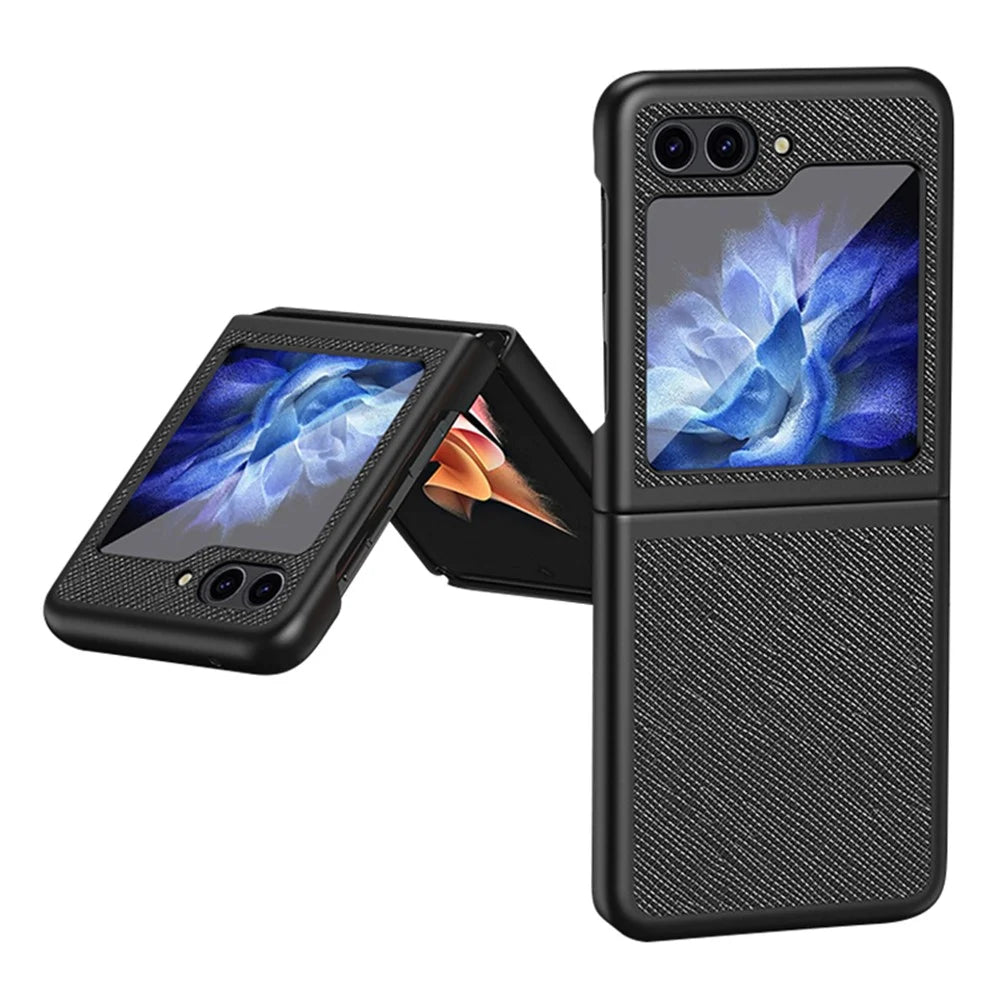 For Samsung Galaxy Z Flip5 5G Cross Texture Phone Case Rubberized PU Leather Hard PC Phone Cover - Black - 1