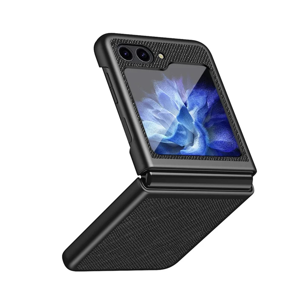 For Samsung Galaxy Z Flip5 5G Cross Texture Phone Case Rubberized PU Leather Hard PC Phone Cover - Black - 2