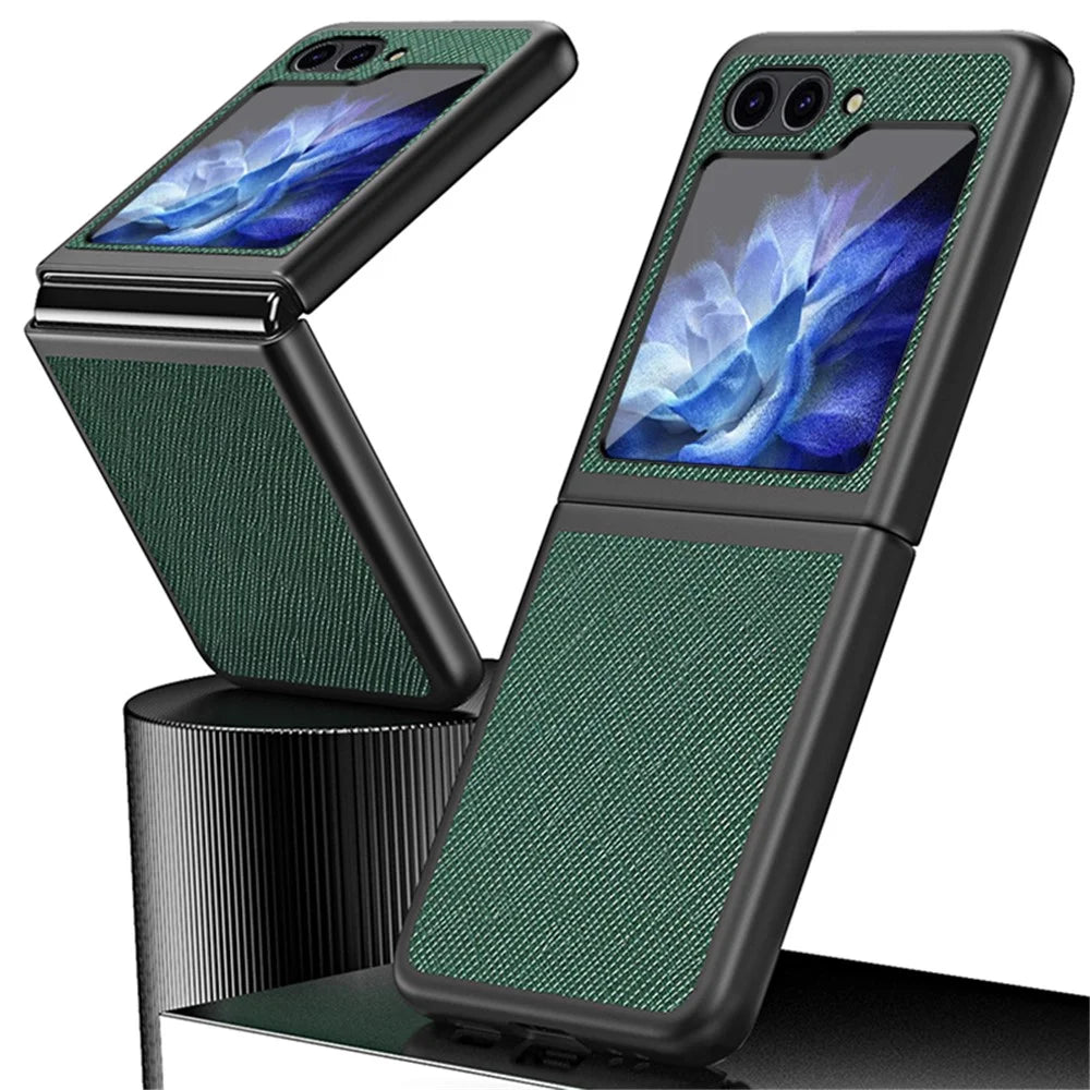 For Samsung Galaxy Z Flip5 5G Cross Texture Phone Case Rubberized PU Leather Hard PC Phone Cover - Black - 3