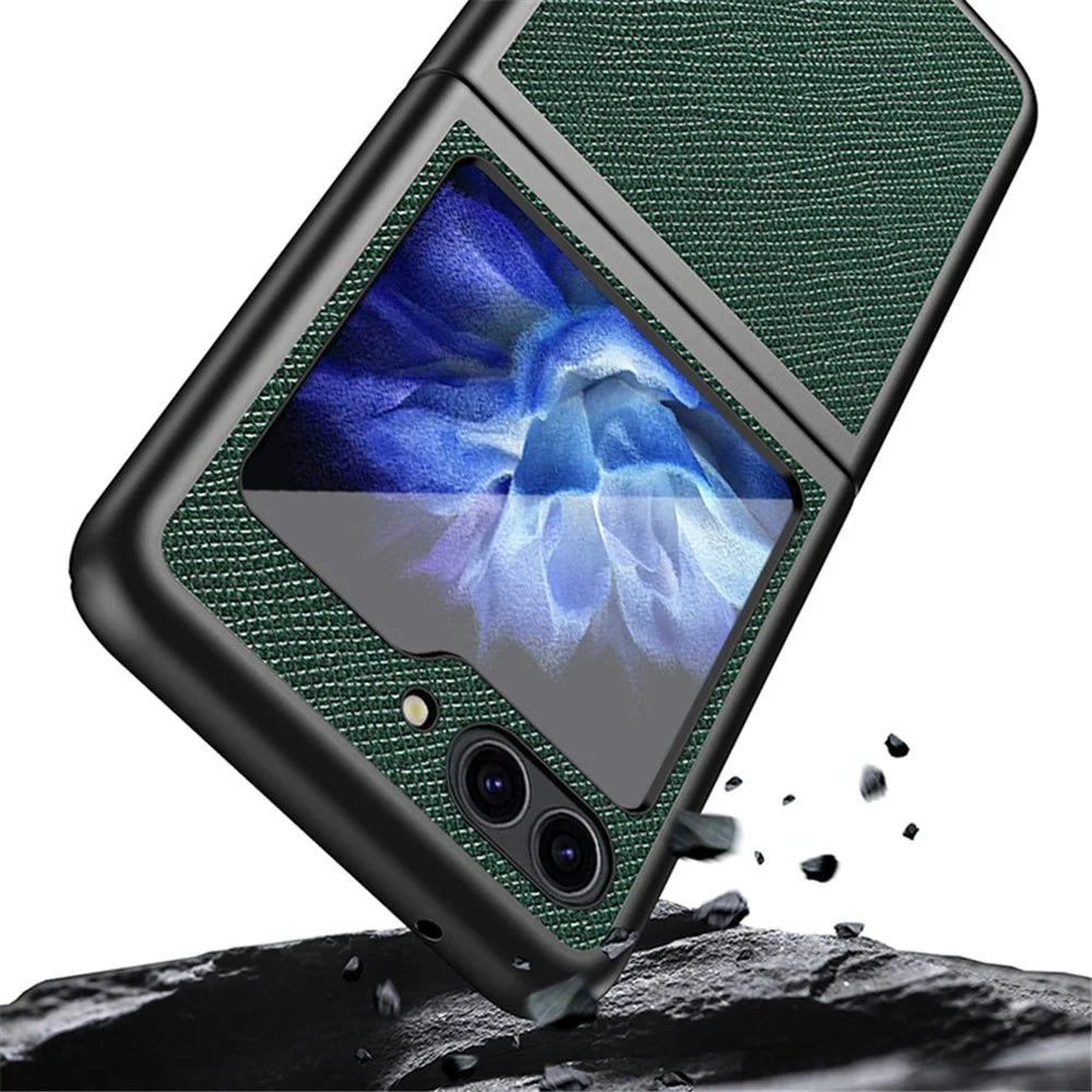 For Samsung Galaxy Z Flip5 5G Cross Texture Phone Case Rubberized PU Leather Hard PC Phone Cover - Black - 5