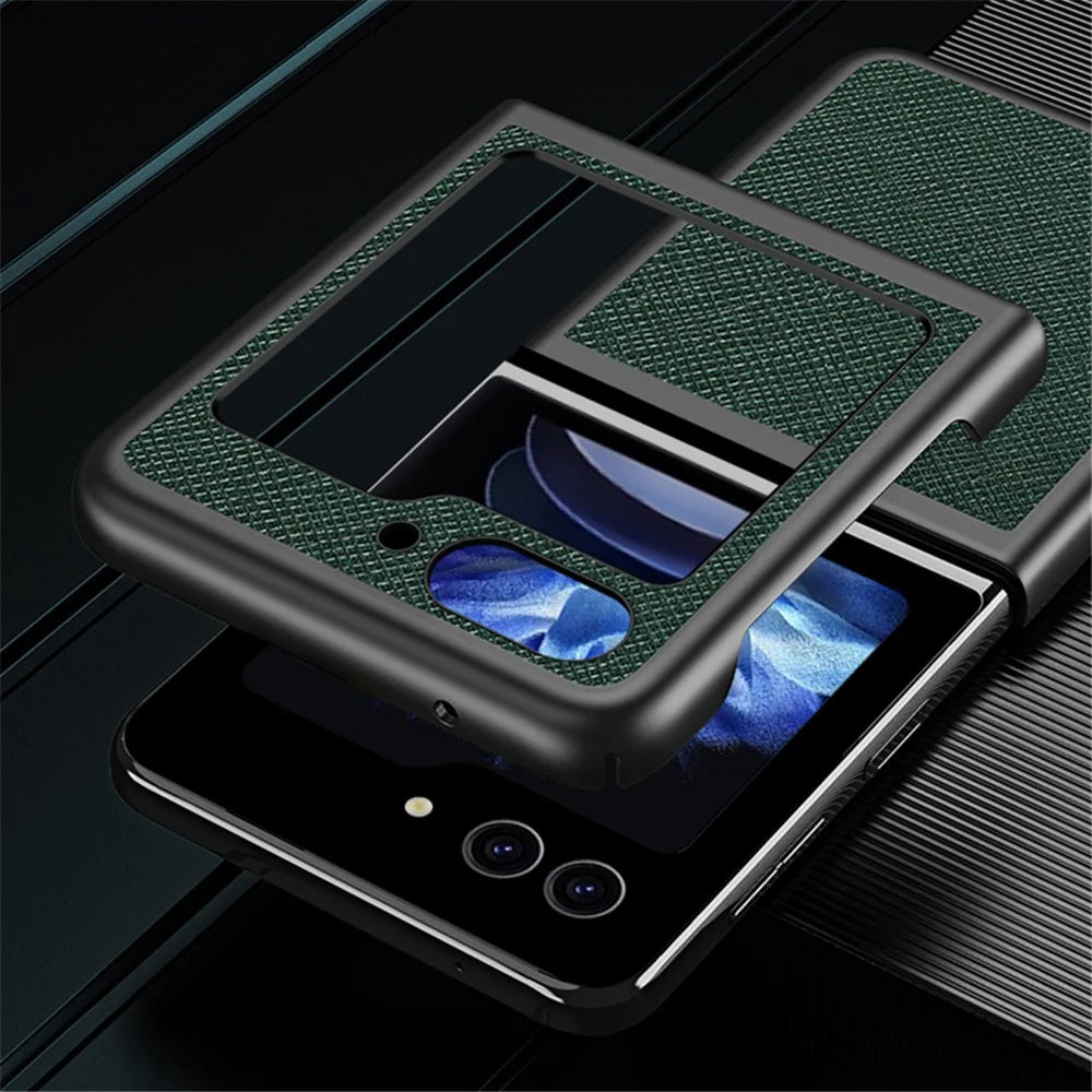 For Samsung Galaxy Z Flip5 5G Cross Texture Phone Case Rubberized PU Leather Hard PC Phone Cover - Black - 6